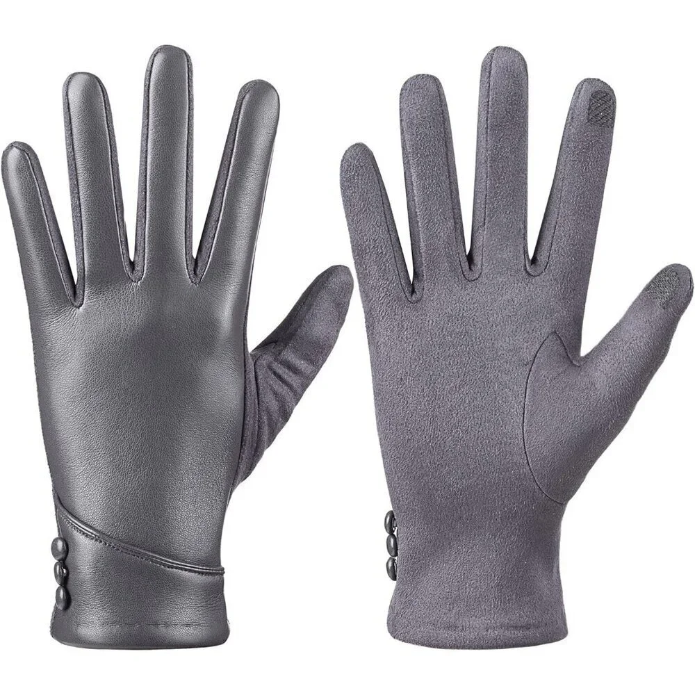 Women's Grey Winter Leather Suede Gloves Wool Lined Windproof Touchscreen